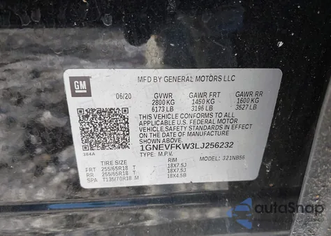 2020 Chevrolet Traverse Awd Ls z USA, uszkodzony, nr VIN 1GNEVFKW3LJ256232